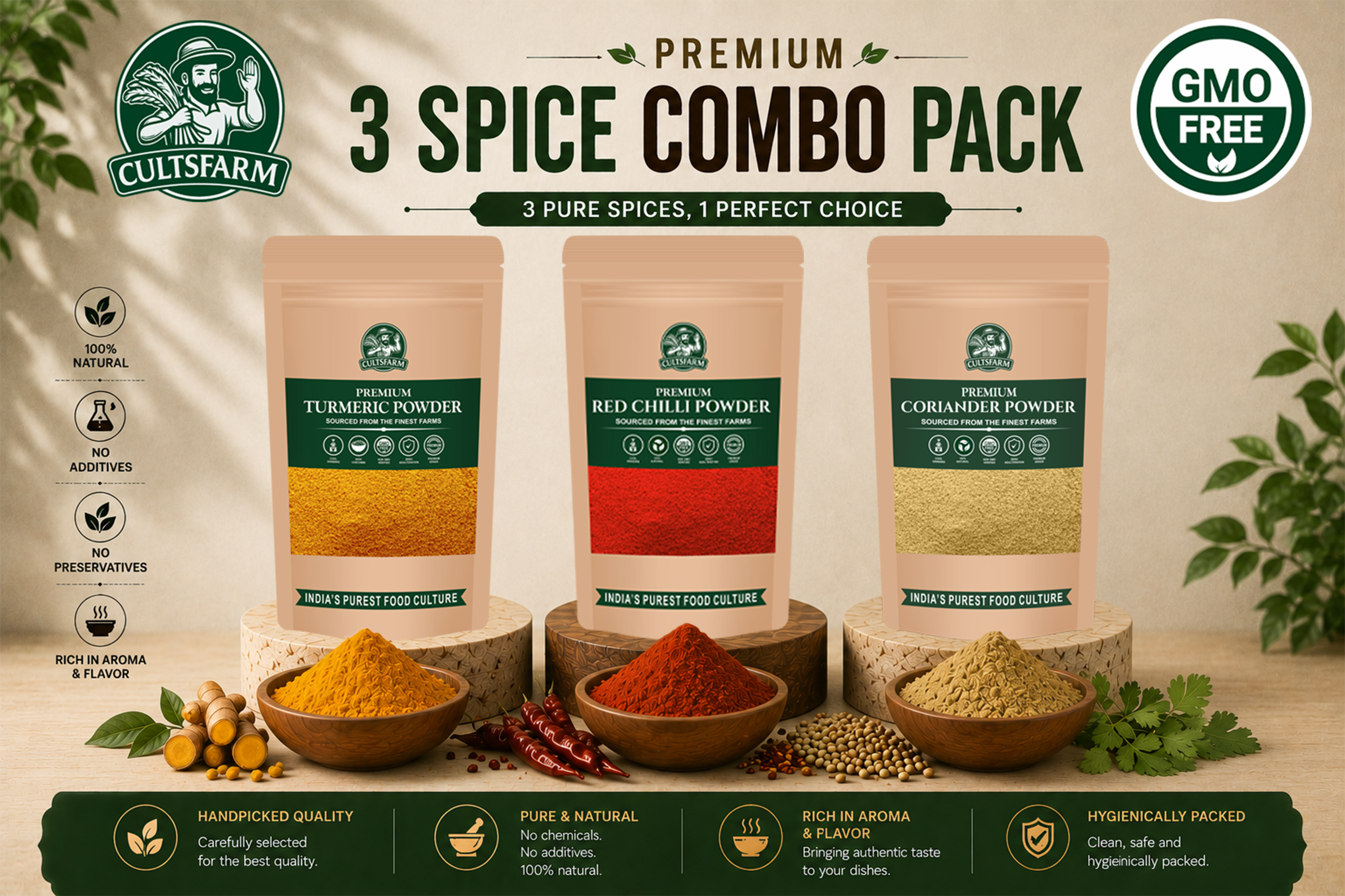 Combo 3 in 1 - Turmeric Powder, Red Chilli Powder, Coriander Powder