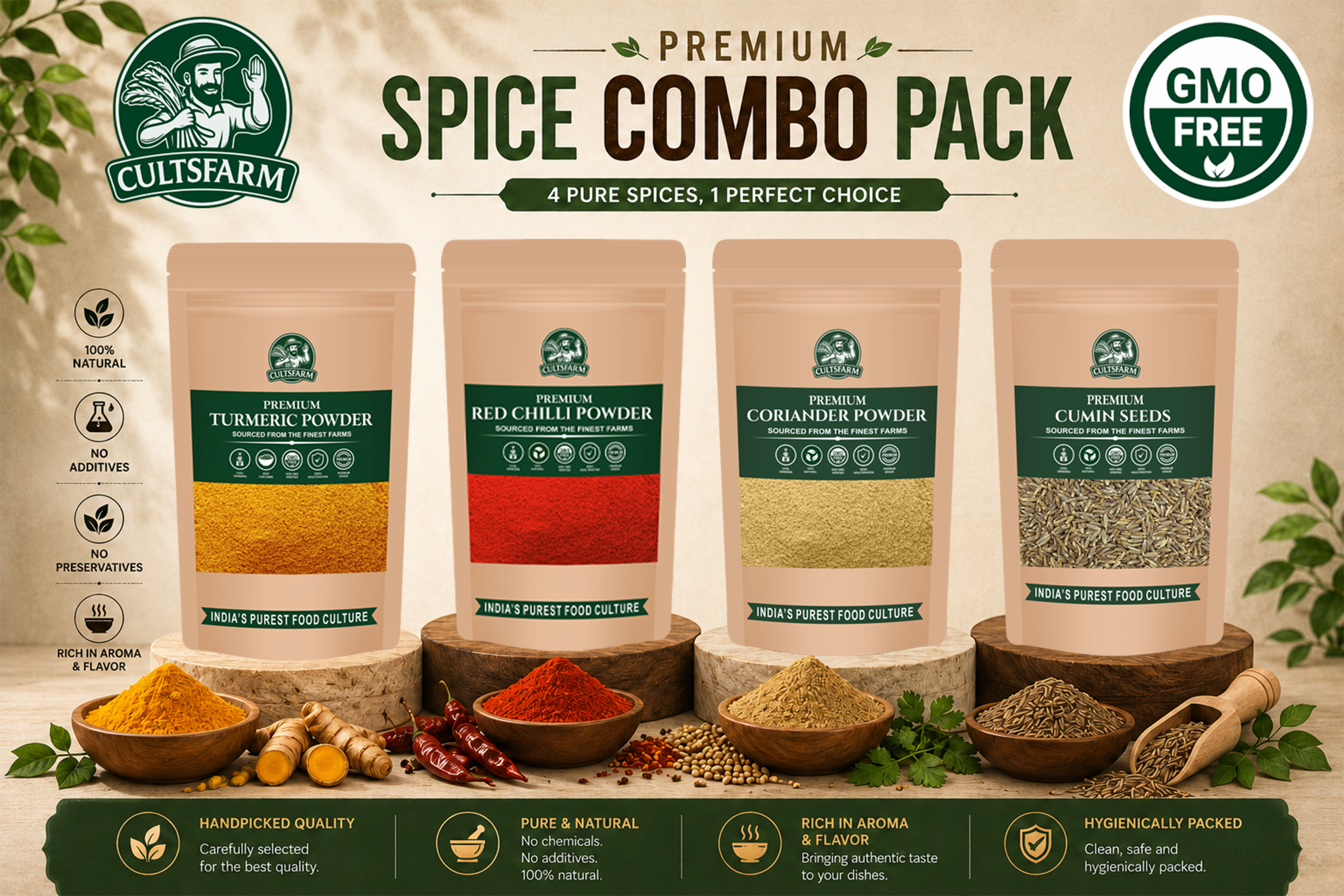 Combo 4 in 1 - Turmeric Powder, Red Chilli Powder, Coriander Powder and Cumin Seeds