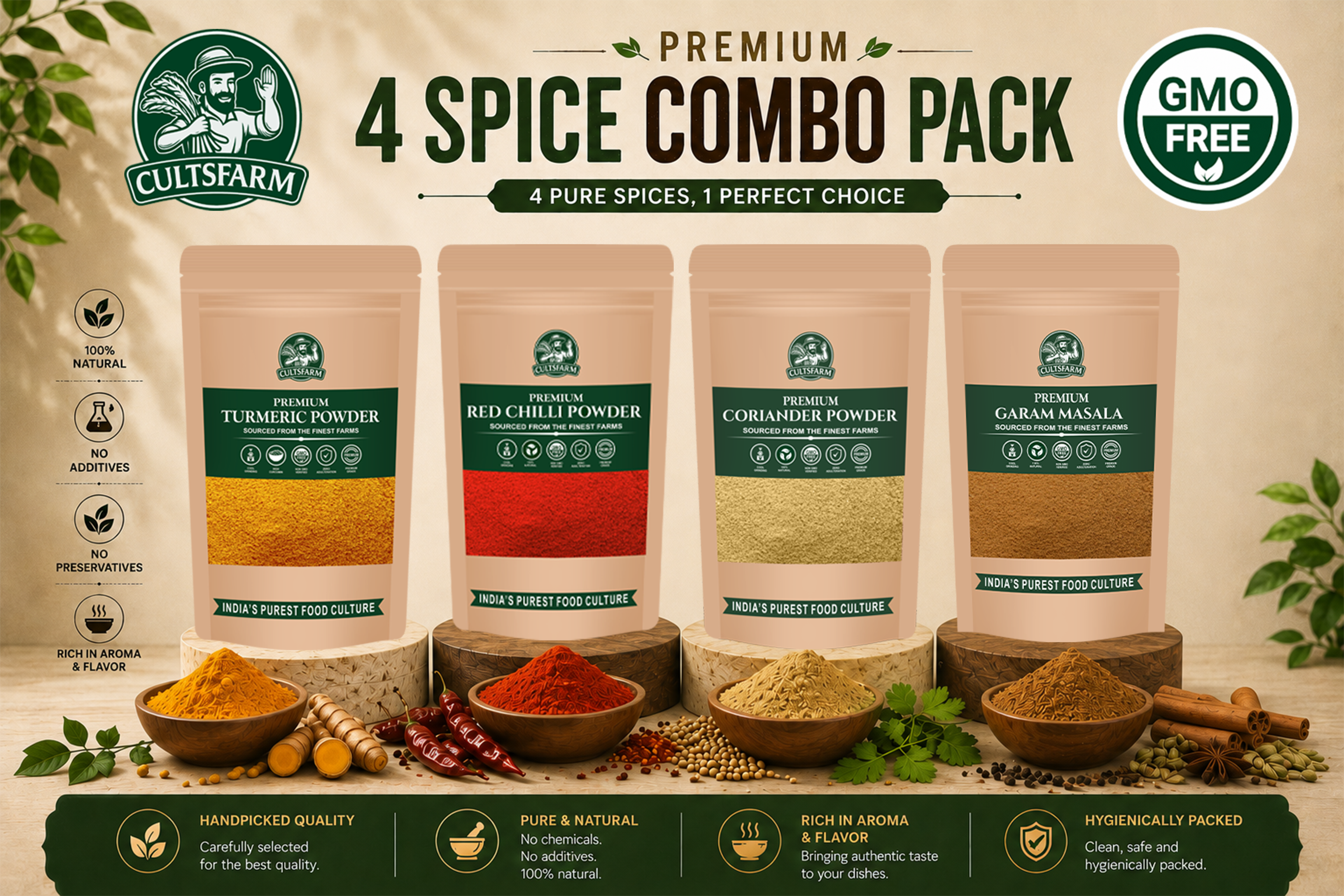 Combo 4 in 1 - Turmeric Powder, Red Chilli Powder, Coriander Powder and Garam Masala