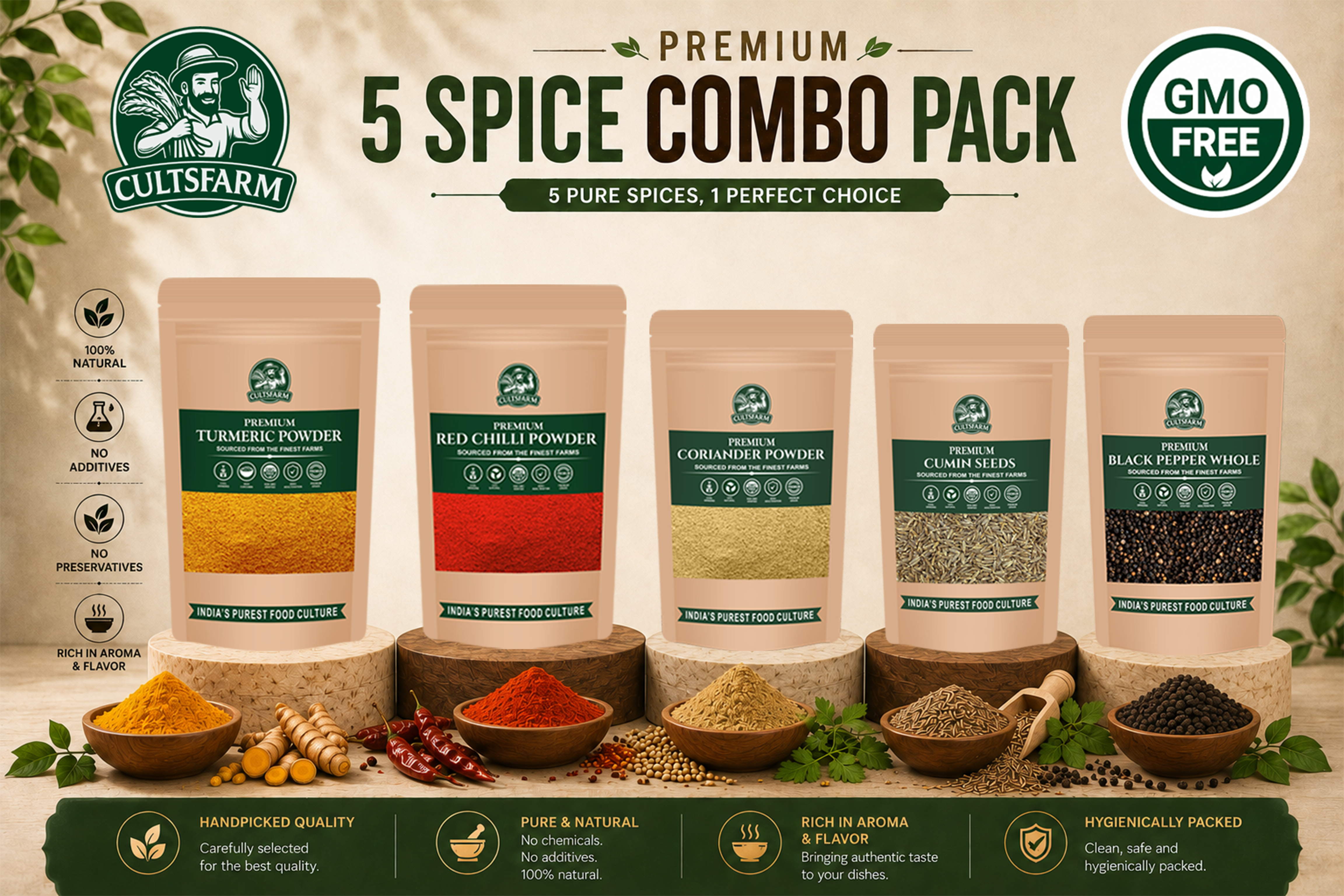 Combo 5 in 1 - Turmeric Powder, Red Chilli Powder, Coriander Powder , Cumin Seeds and Black Pepper